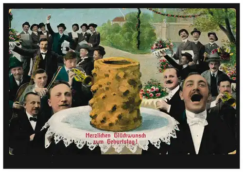 AK Glückwünsche Geburtstag Männerchor übergroßer Bierkrug, GROSSWUSTERWITZ 1918