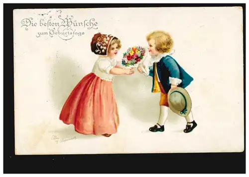 AK Félicitations anniversaire fille obtient de garçons fleurs, FALLINGBOSTEL 1918