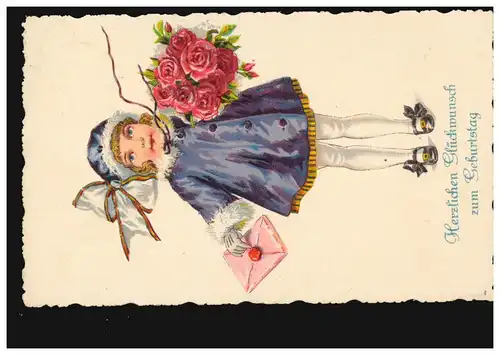 AK Félicitations anniversaire fille avec des roses et une carte de bonheur, MOSEBECK 1926