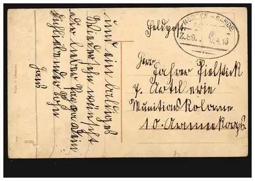 Bahnpost NORDEN-SANDE ZUG 89 - 17.4.1916 Feldpost auf AK Glückwünsche Geburtstag