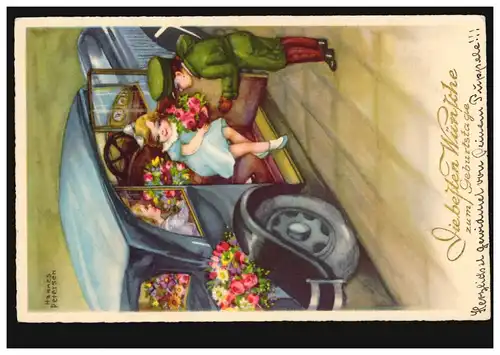 AK Félicitations anniversaire fille dans la voiture avec des fleurs BERLIN-CHARLOTENBURG 1935
