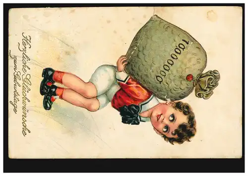 AK Glückwünsche Geburtstag Mädchen mit schwerem Geldsack, per Bahnpost 28.1.1930