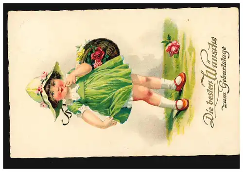 AK Glückwünsche Geburtstag Mädchen im grünem Kleid imt Rosen, EBERSBACH/SACHSEN