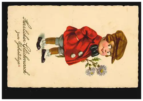AK Glückwünsche Geburtstag Kind mit roter Jacke und Blumen, HAMBURG 7.7.1925