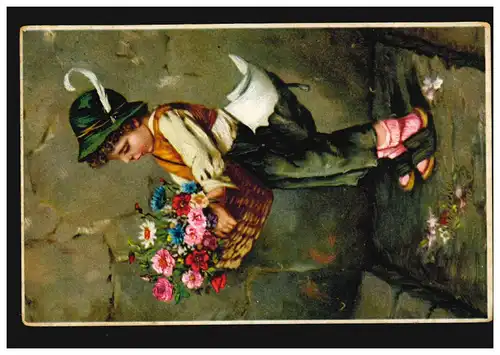 AK Glückwünsche Geburtstag Zeitungsjunge mit Blumenkorb, NÜRNBERG 3.3.1929