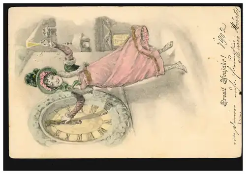 Ansichtskarte Neujahr Frau mit Sektglas und Uhr Silvesterzeit, WIEN 3.12.1901 