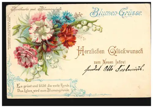 Ansichtskarte Neujahr Blumen Postkarte mit Blumenduft WESELBACH 31.12.1899