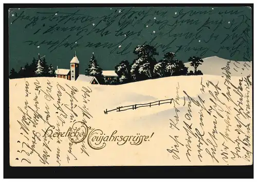 Carte de vue Nouvel An Paysage hivernal avec église la nuit, RÜSTRINGEN 10.11917