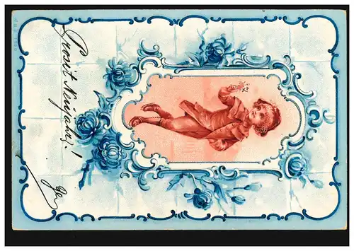 Carte de l'image Nouvel An Cadre photo: Enfant avec fleurs, selon GRAMENTNEUSIEDL vers 1900