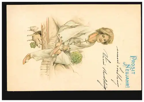 Carte de vue Nouvel An femme en pyjama Billet chanceux HAMBURG 31.12.