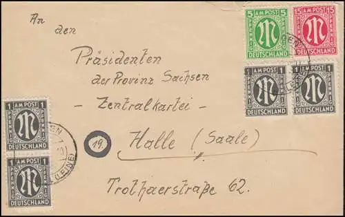 12 AM-Post 5 Pf. engl. Druck als MiF auf Brief DUINGEN über ALFELD (LEINE)