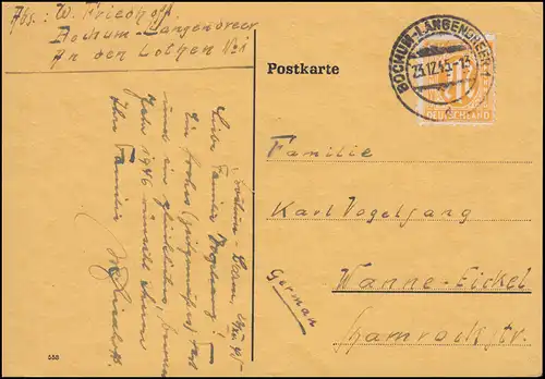 4 AM-Post 6 Pf. en tant qu'EF sur carte postale BOCHUM-LANGENDEER 23.12.1945