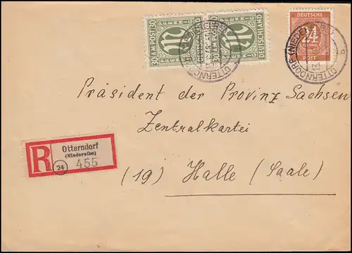 29 AM-Post 30 Pf avec 925 Conseil de contrôle MiF R-Lettre OTTENDORF (NIDERELBE) 13.6.46
