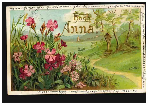 Ansichtskarte Vornamen: Hoch Anna! Landschaft Blumen Wegkreuz, PECHTOLDSDOF 1902