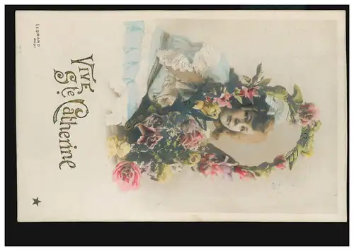 Ansichtskarte Vornamen: Vive Ste. Catherine Mädchenkopf im Blumenoval LILLE 1907