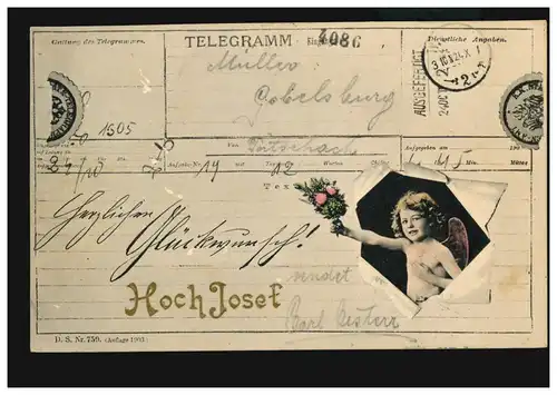 Ansichtskarte Vornamen: Hoch Josef! Telegrammkarte mit Engel, KLAGENFURT 17.3.05