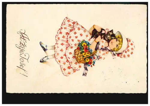 Ansichtskarte Vornamen: Josef - Mädchen Katze Blumen, ZAHLINICE C.S.P. 19.3.1932