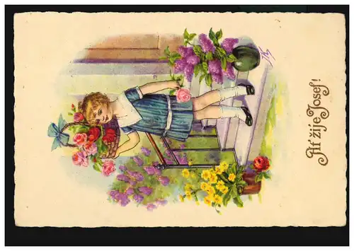 Ansichtskarte Vornamen: Josef! Mädchen mit Blumenkorb auf der Schulter, um 1935