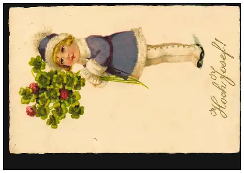 Ansichtskarte Vornamen: Hoch Josef! Mädchen im Winter mit Glücksklee, um 1935