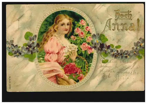 Carte Visual Prénoms: Haute Anna! Photo de fille dans le médaillon, VIENNE 26.7.1902