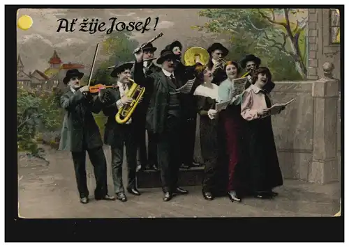 Ansichtskarte Vornamen: Hoch Josef! Musikanten mit Chor, PRAHA / PRAG 1918