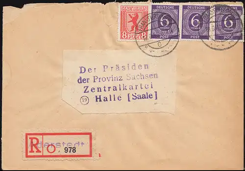 3A Berliner Bär + 916 MiR Not-R-Zettel Aderstedt R-Brief FRANKFURT/ODER 12.6.46