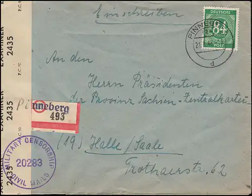 Zensur Military Censorship 20283 auf R-Brief PINNEBERG 21.8.1946 mit EF 936