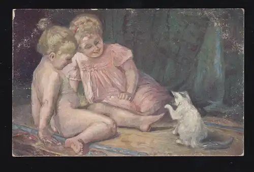 AK Gergely: enfants jouant avec chat, art hongrois, inutilisé