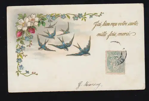 Animaux-AK hirondelles en vol avec la guirlande fleurie, couru vers 1906