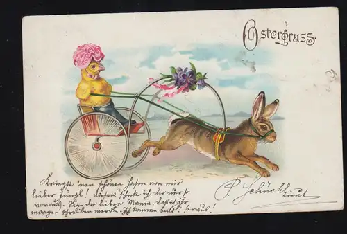 Tiere-AK Ostern -Trabrennen: Hase mit Sulky und Küken, KOMAROM 16.3.1899