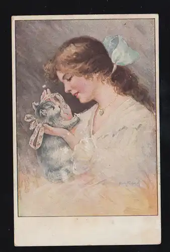Animaux AK Jeune femme avec chat bébé, couru 1926