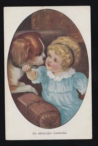 AK Artiste Un amant orageux - Fille avec chien, MUNICH 22.9.1920