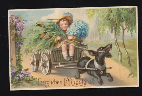 Tiere-AK Pfingsten Hund zieht Wagen Mädchen Blumen Maikäfer, PLAUEN 6.6.1919