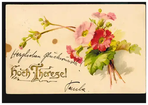 Carte postale Prénoms: Haute Thérèse! Autruche d'oeillets, WIENNE 1910