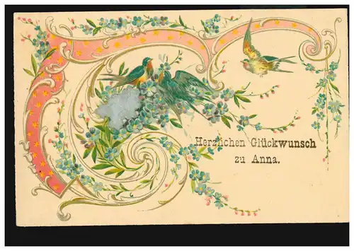 Ansichtskarte Vornamen: Glückwunsch zu Anna! Girlande Blumen Vögel, ungebraucht