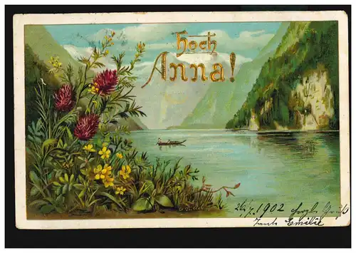 Ansichtskarte Vornamen: Hoch Anna! Gebirgssee mit Boot, PERCHTOLDSDORF 25.7.1902
