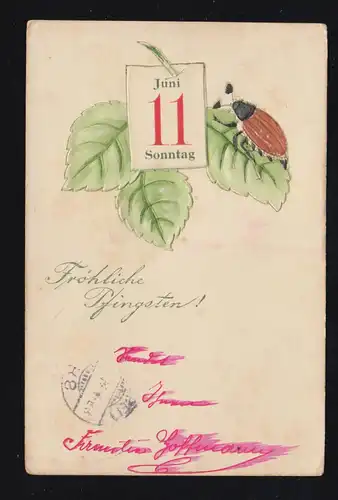 Tiere-AK Pfingsten Maikäfer auf Blatt, Soldatenkarte ARS (MOSEL) 1.6.1914