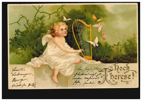 Ansichtskarte Vornamen: Hoch Therese! Engel mit Harfe und Schmetterlingen, 1902