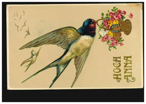 Carte postale Prénoms: Haute Anna! Hirondelle avec panier de fleurs, VIENNE 24.7.1909