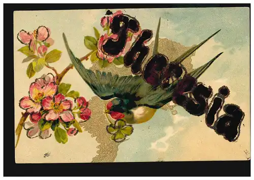 Carte postale Prénoms: Theresia, hirondelle avec trèfle chanceuse, WALDMUNK 7.9.1910