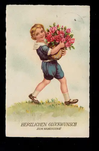 Kinder-AK Glückwünsche Namenstag: Laufender Junge mit Rosen WEILER / ALLGÄU 1931