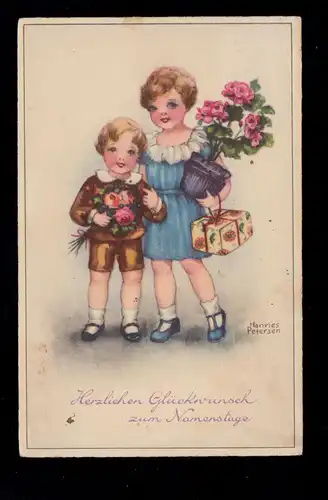 Kinder-AK Hannes Petersen: Geschwister mit Blumen Geschenke, per Bahnpost 1940