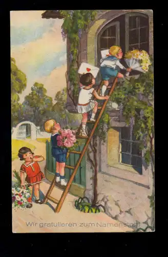 Kinder-AK Glückwünsche Namenstag: Kinder auf der Leiter kommen durchs Fenster  
