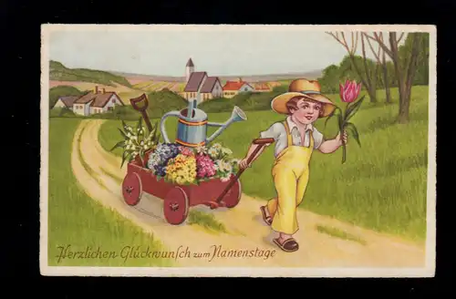 Félicitations pour les enfants-AK Journée du nom: Garçon avec tulipe à main casse-couette, 11.9.40