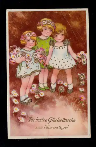 AK Glückwünsche Namenstag: Mädchen mit Blumen, vergoldet, KORSCHENBROICH 1934