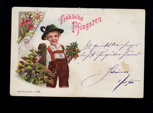Kinder-AK Glückwünsche Pfingsten: Junge in Lederhose Hut Blumen, STAUERLAK 1900