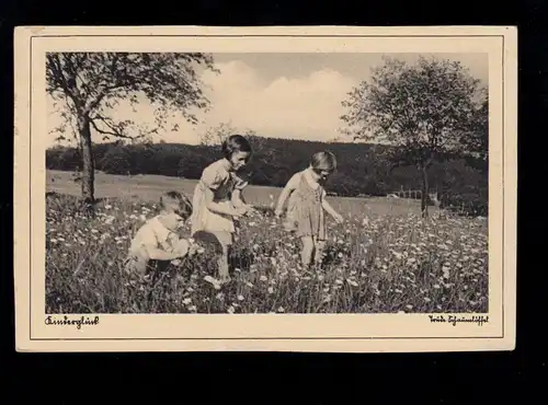 Foto-AK Kinderglück - Mädchen und Junge auf der Blumenwiese, MAGDEBURG 4.6.1938