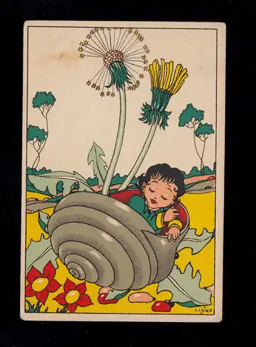 Enfants-AK Félicitations Pentecôte: enfant endormi dans la maison des escargots, 1946