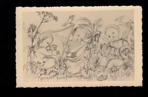 AK Félicitations Journée du nom: Concert Angel Harfe Mandoline Accordéon, marqué