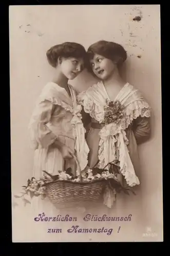 Kinder- AK Glückwünsche Namenstag: Schwestern mit Blumenkorb, OBERHAUSEN 23.7.14